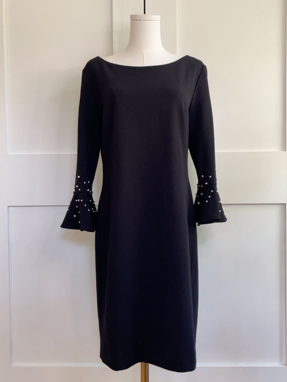 Karl Langerfeld Paris Black Pearl Bell Sleeve Sheath Dress Size 10